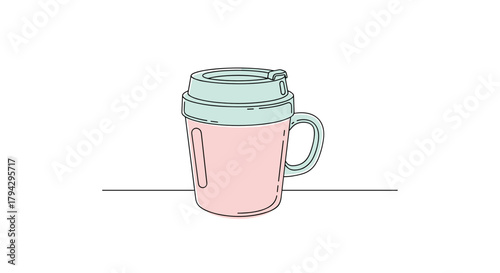 Reusable mug with pink body and teal lid standing on a table  