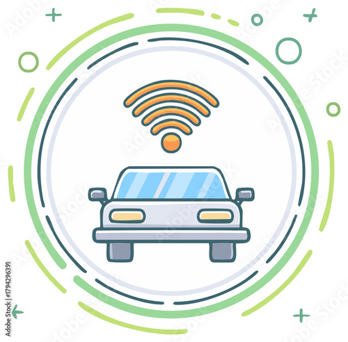 Smart car technology icon with wireless connectivity signal for autonomous vehicle