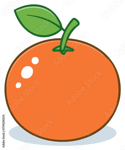 Bright Orange Fruit with Green Leaf and Stem Simple Cartoon Illustration