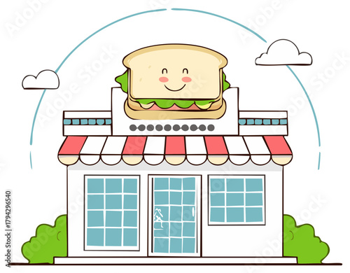 Cartoon Sandwich Shop with Happy Sandwich Mascot, Comic Cafe, Food and Drink Illustration