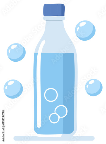 Refreshing blue carbonated drink bottle with floating bubbles vector illustration