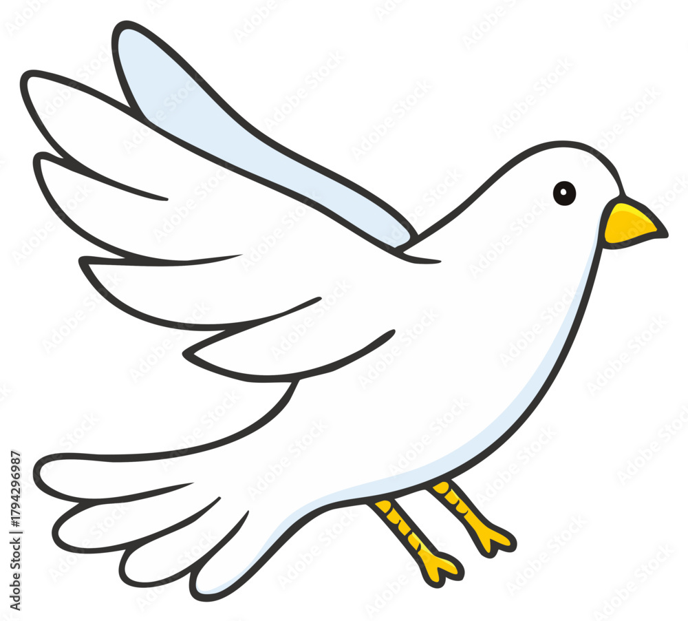 Obraz premium Cartoon white dove flying with open wings and yellow beak