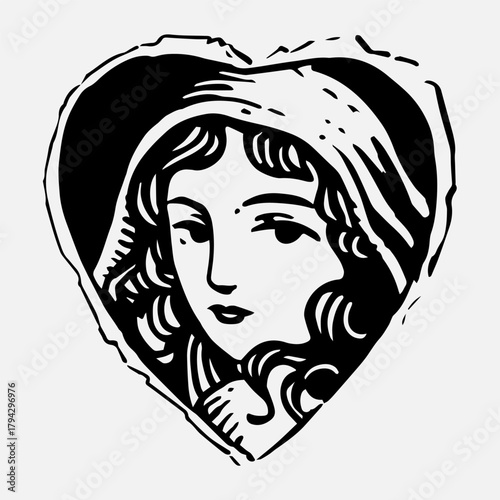 Vintage engraved portrait of a mysterious curly-haired girl wrapped in a headscarf and framed inside a heart shape. Perfect for tattoos, stickers, apparel, mystical merch and retro aesthetic lovers.