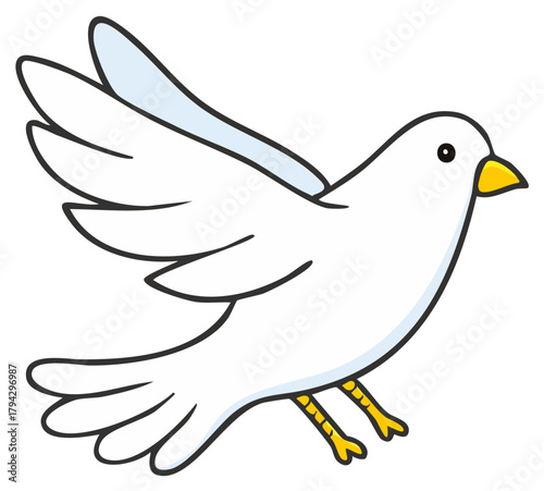 Cartoon white dove flying with open wings and yellow beak