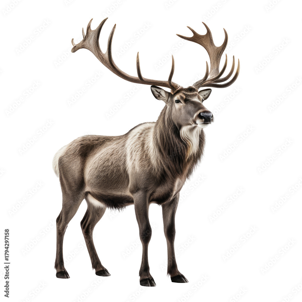 Obraz premium Majestic reindeer stands proud with enormous antlers on a black background