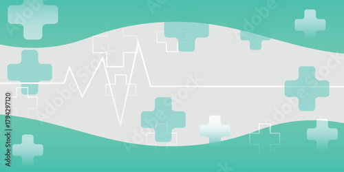 A medical background banner with teal plus signs and a white EKG heartbeat line on a gray and green wavy design.