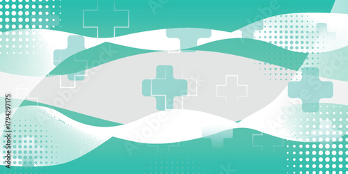 Abstract medical background with teal plus signs, wavy lines, and halftone patterns.