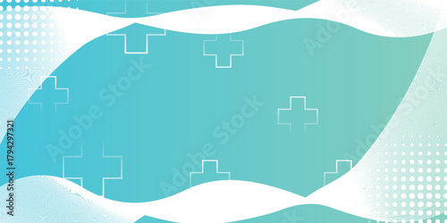 Abstract medical background with a teal gradient, white waves, and plus sign symbols.