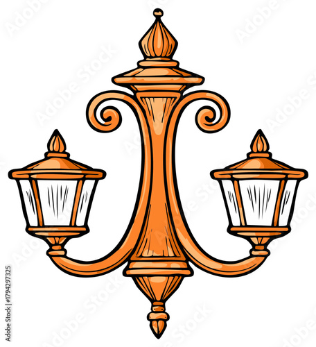 Ornate vintage double lamppost street light cartoon style illustration