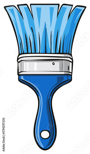 Blue paintbrush with flared bristles and silver ferrule cartoon illustration