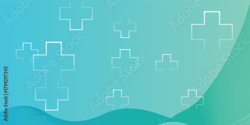 Abstract medical background featuring white cross symbols on a blue and green gradient with soft waves.
