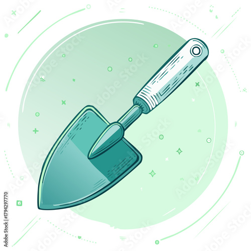 Illustration of a gardening trowel against a green circular background with decorative elements.