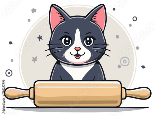 Cute cartoon cat with rolling pin preparing for baking