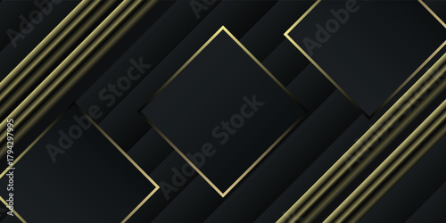Elegant abstract background with layered black geometric shapes and luxurious golden lines.