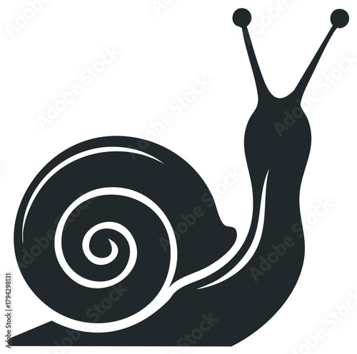 Simple black silhouette icon of a snail with a spiral shell, vector graphic