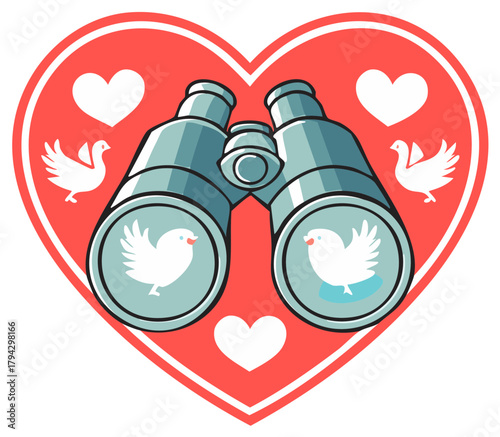 Binoculars with White Birds on Red Heart Background Symbolizing Love and Discovery