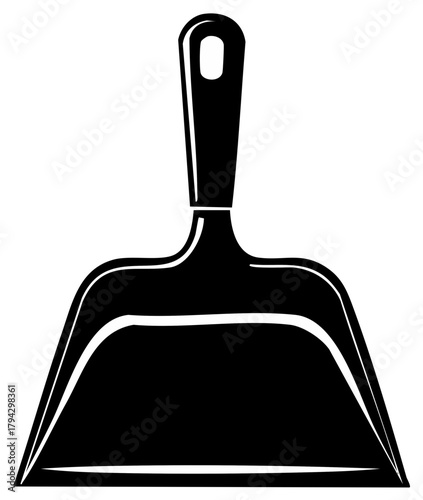Black and white vector illustration of a dustpan and handle isolated on a white background