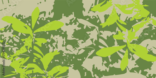 A stylized graphic illustration of bright green leaves against a mottled green and beige background.