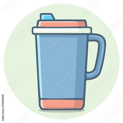 Stylized illustration of a blue travel mug with a coral lid and handle on a soft green background