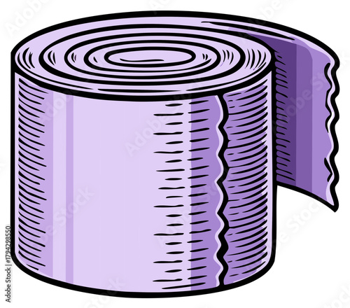 Cartoon illustration of a purple roll of toilet paper or medical bandage roll