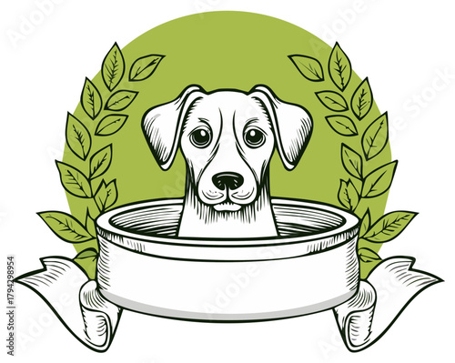 Classic Dog Emblem with Laurel Wreath and Ribbon Banner Vector Illustration