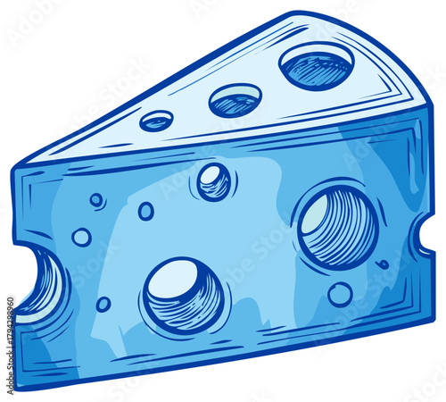 Blue cheese wedge illustration, isolated on white, with large holes