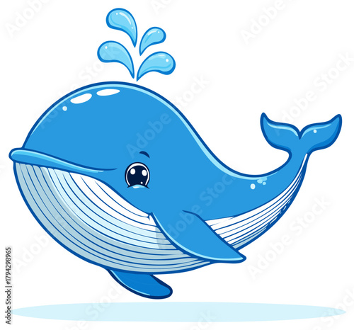 Friendly blue cartoon whale spouting water