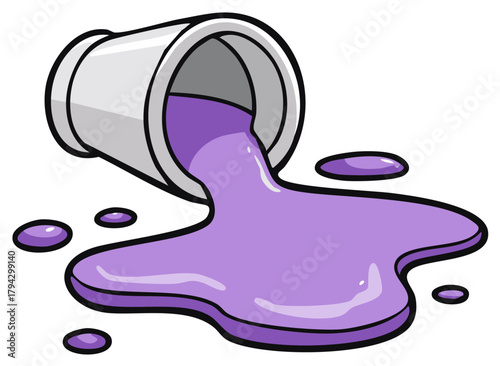 Purple Paint Spill: An Overturned Bucket Pouring Out a Puddle of Colored Liquid