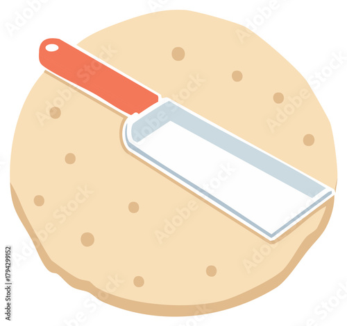 Isometric cleaver knife on round dough vector icon for cooking and baking concepts