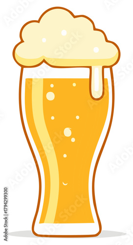Tall Glass of Cold Lager Beer with Bubbles and a Frothy Head Cartoon Illustration