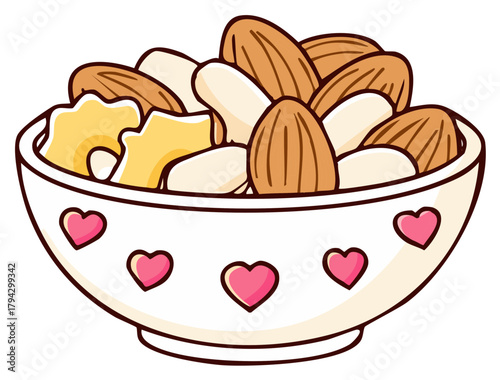 Healthy snack of mixed nuts and heart design bowl illustration