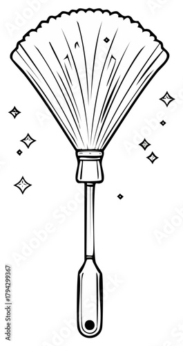 Black and White Illustration of Dusting Feather Duster Cleaning with Sparkle Accents