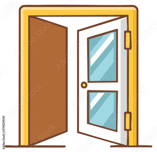 Stylized image of an open door with glass panels and golden frame welcomes you into a building or home