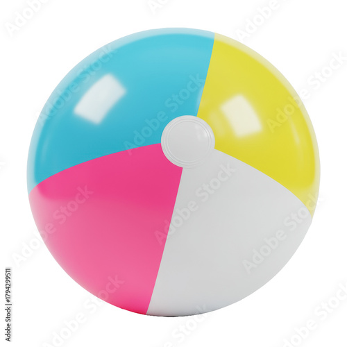 Glossy inflatable beach ball, vibrant neon, electric blue, lime green, sunny yellow panels, white air valve, isolated on transparent background, copy space, concept of summer
