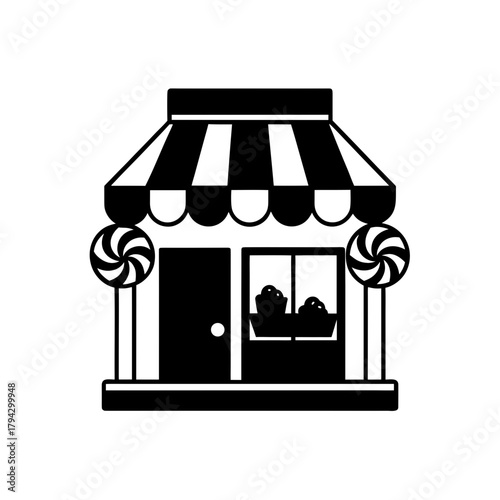 Sweet candy store icon with striped awning and lollipops design