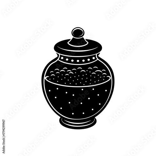 Glass jar with lid full of small candies or beads icon illustration