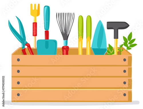 Wooden crate filled with colorful garden tools ready for springtime planting