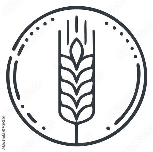 Minimalist black line icon of a single wheat ear inside a round frame with decorative dotted border agriculture food symbol