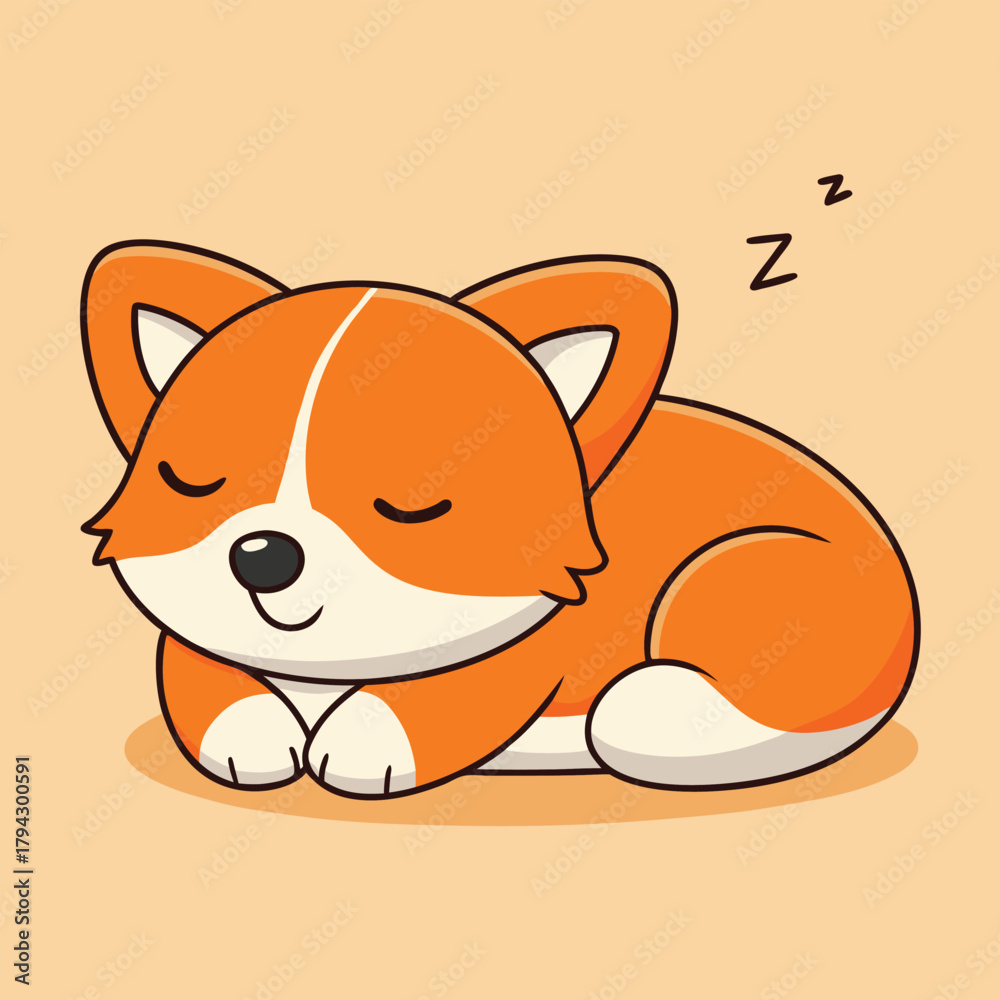 Obraz premium Cute cartoon corgi dog sleeping on peach background