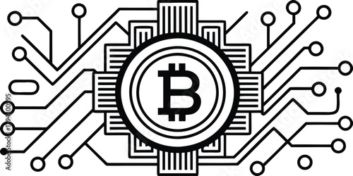 Bitcoin cryptocurrency concept with circuit board lines representing digital network infrastructure