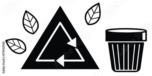Recycling symbol, leaves, and trash bin icon representing eco-friendly waste management.