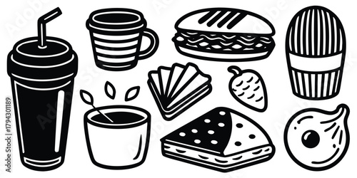 Outline graphic of various fast food, breakfast, and snack items vector illustration
