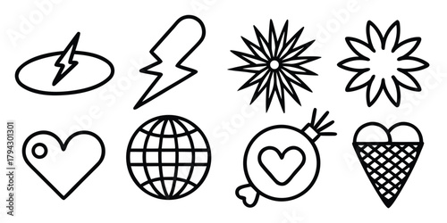 Diverse set of minimalist outline icons including lightning, stars, heart, globe, ice cream.