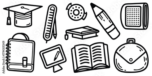Various school and education-themed line art icons, perfect for learning and study projects.