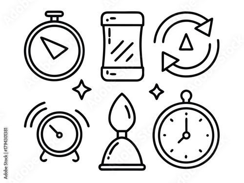 Essential outline vector icons for time management, scheduling, and productivity concepts