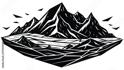 Stylized abstract mountain range landscape illustration with sharp geometric peaks and sky.