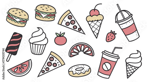 Collection of hand drawn fast food and snack icons, sweet desserts, and fruits