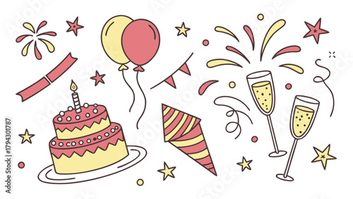 Celebration party outline icons set with cake, balloons, champagne, and confetti design vector.