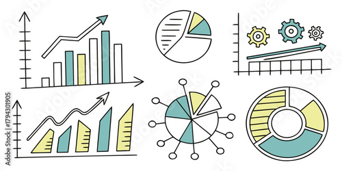 Hand drawn business growth charts, data analysis, and financial progress doodle set