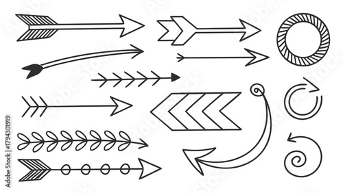 Hand drawn outline arrows, pointers, direction indicators, tribal style symbols, refresh, scroll.